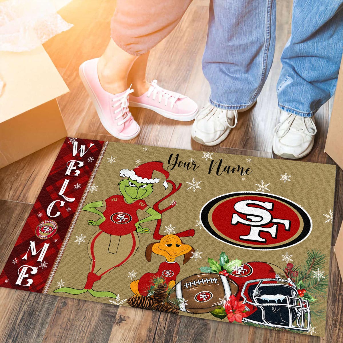 San Francisco 49ers Grinch Christmas Welcome Football Doormat - Famjoys San Francisco 49ers Grinch Christmas Welcome Football Doormat - Famjoys