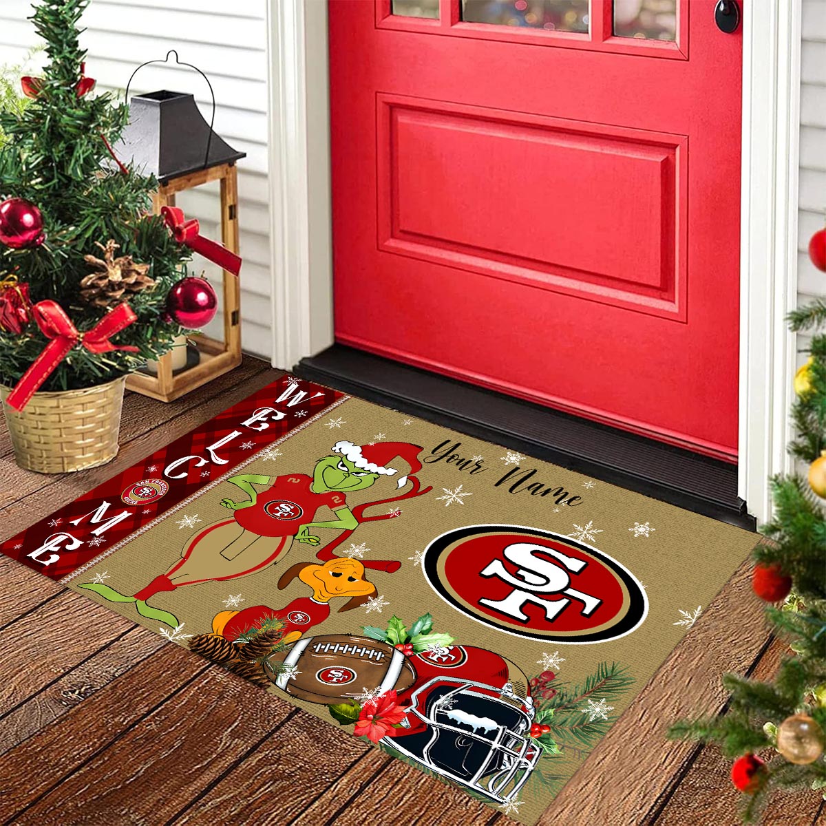 San Francisco 49ers Grinch Christmas Welcome Football Doormat - Famjoys San Francisco 49ers Grinch Christmas Welcome Football Doormat - Famjoys