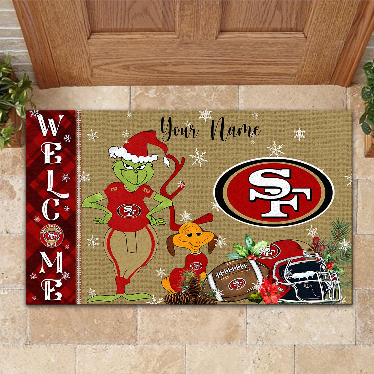 San Francisco 49ers Grinch Christmas Welcome Football Doormat - Famjoys San Francisco 49ers Grinch Christmas Welcome Football Doormat - Famjoys