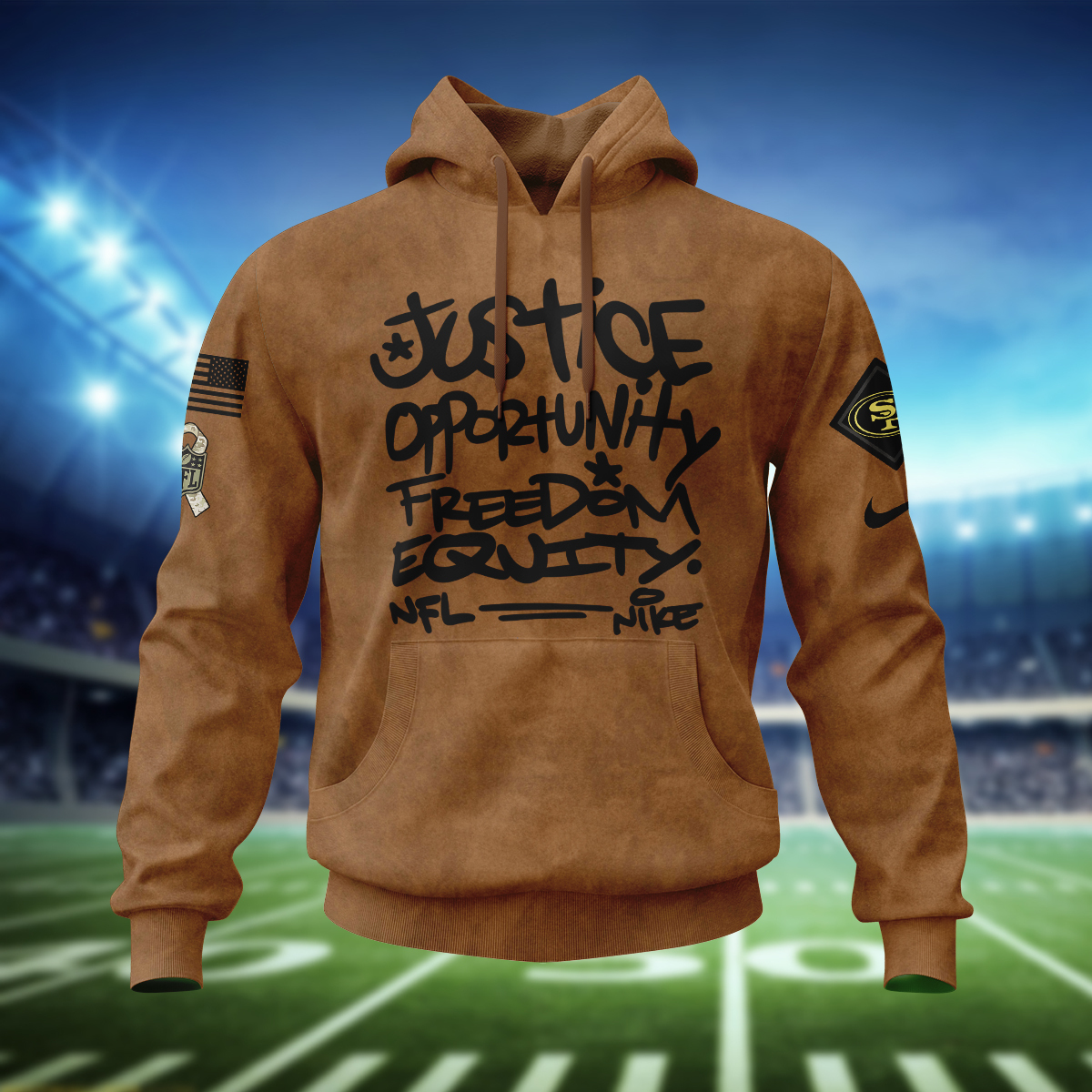 San Francisco 49ers Justice Opportunity Equity Freedom Brown Hoodie SP26122328ID06DS09 - Famjoys San Francisco 49ers Justice Opportunity Equity Freedom Brown Hoodie SP26122328ID06DS09 - Famjoys
