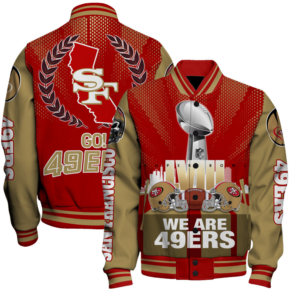 San Francisco 49ers LVIII We Are 49ers Varsity Jacket - Famjoys San Francisco 49ers LVIII We Are 49ers Varsity Jacket - Famjoys