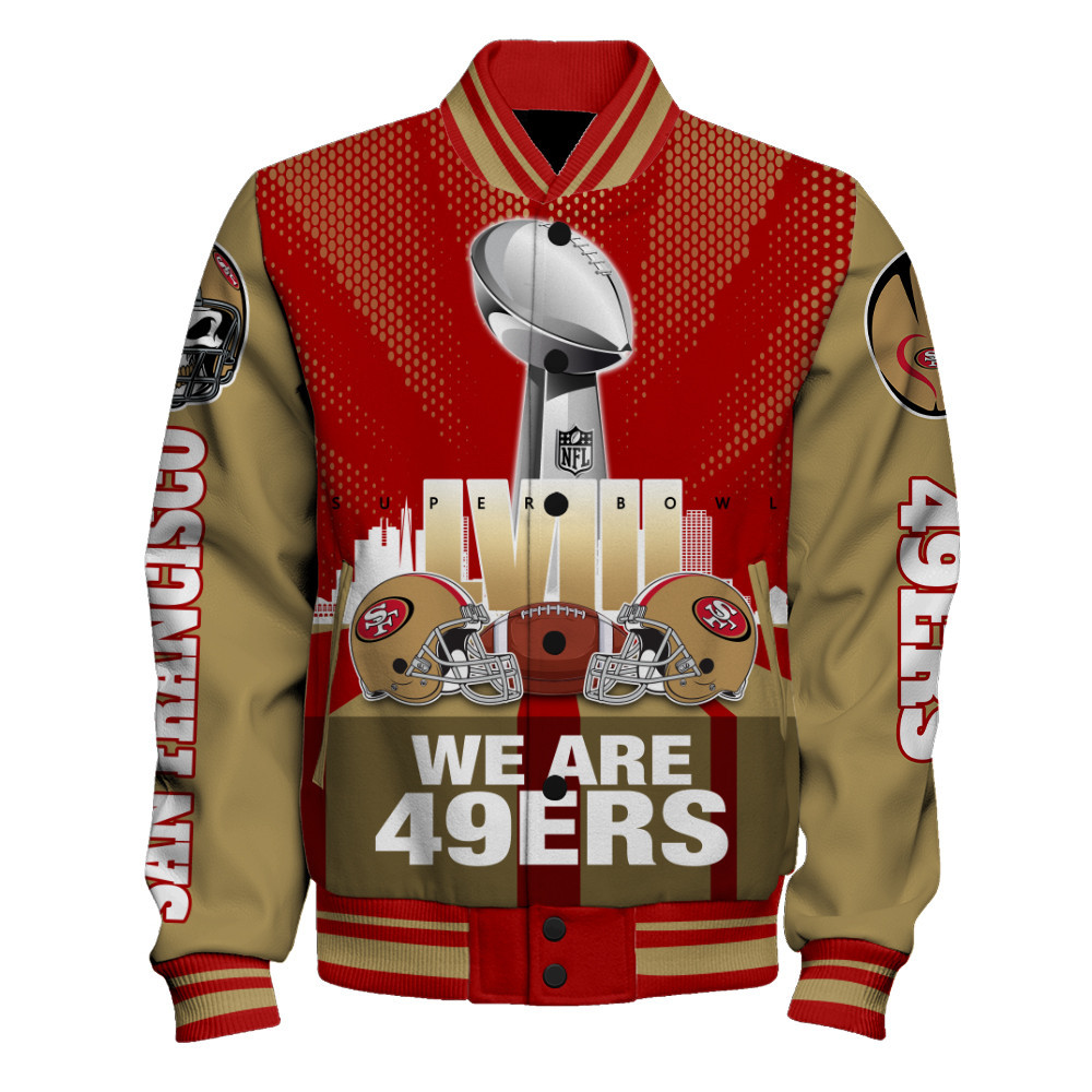 San Francisco 49ers LVIII We Are 49ers Varsity Jacket - Famjoys San Francisco 49ers LVIII We Are 49ers Varsity Jacket - Famjoys