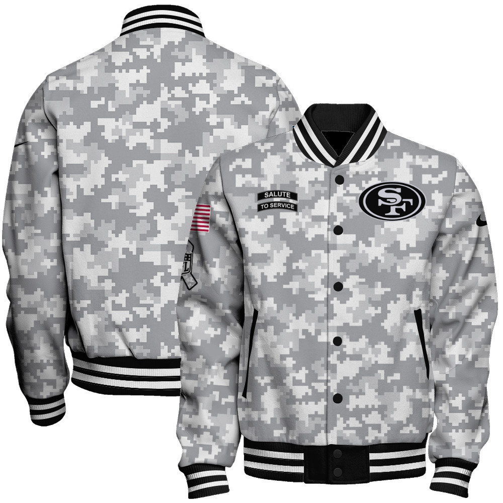San Francisco 49ers National Football League Arctic Camo Unisex Varsity Jacket - Famjoys San Francisco 49ers National Football League Arctic Camo Unisex Varsity Jacket - Famjoys