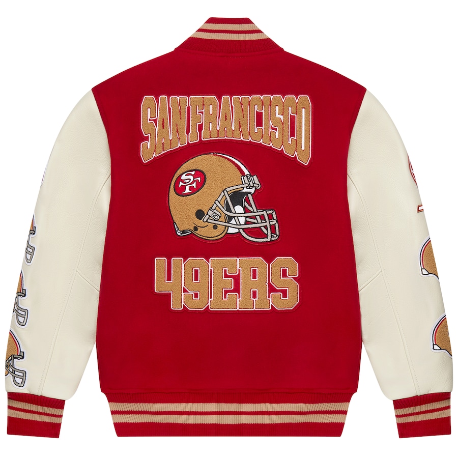 San Francisco 49ers OVO Scarlet Full Snap Varsity Jacket - Famjoys San Francisco 49ers OVO Scarlet Full Snap Varsity Jacket - Famjoys