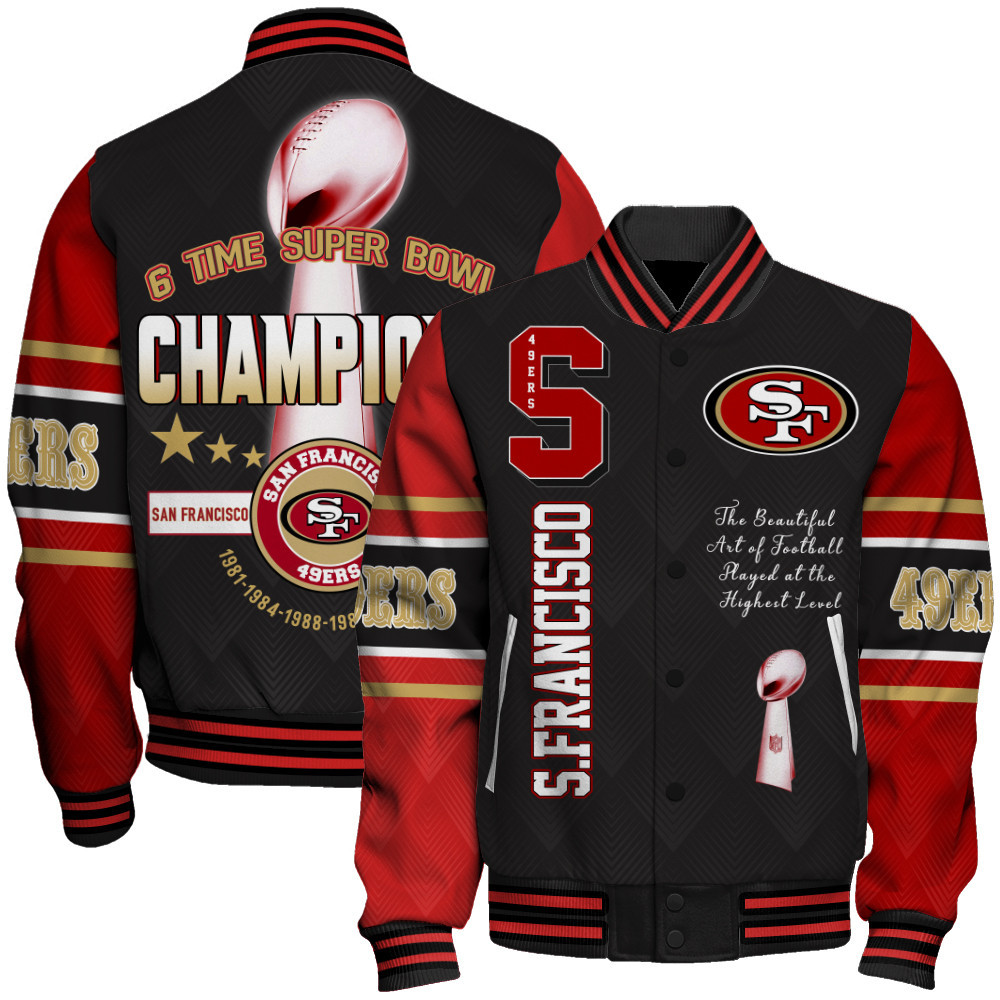 San Francisco 49ers Six Times Champions Unisex Varsity Jacket SFAT V22 - Famjoys San Francisco 49ers Six Times Champions Unisex Varsity Jacket SFAT V22 - Famjoys