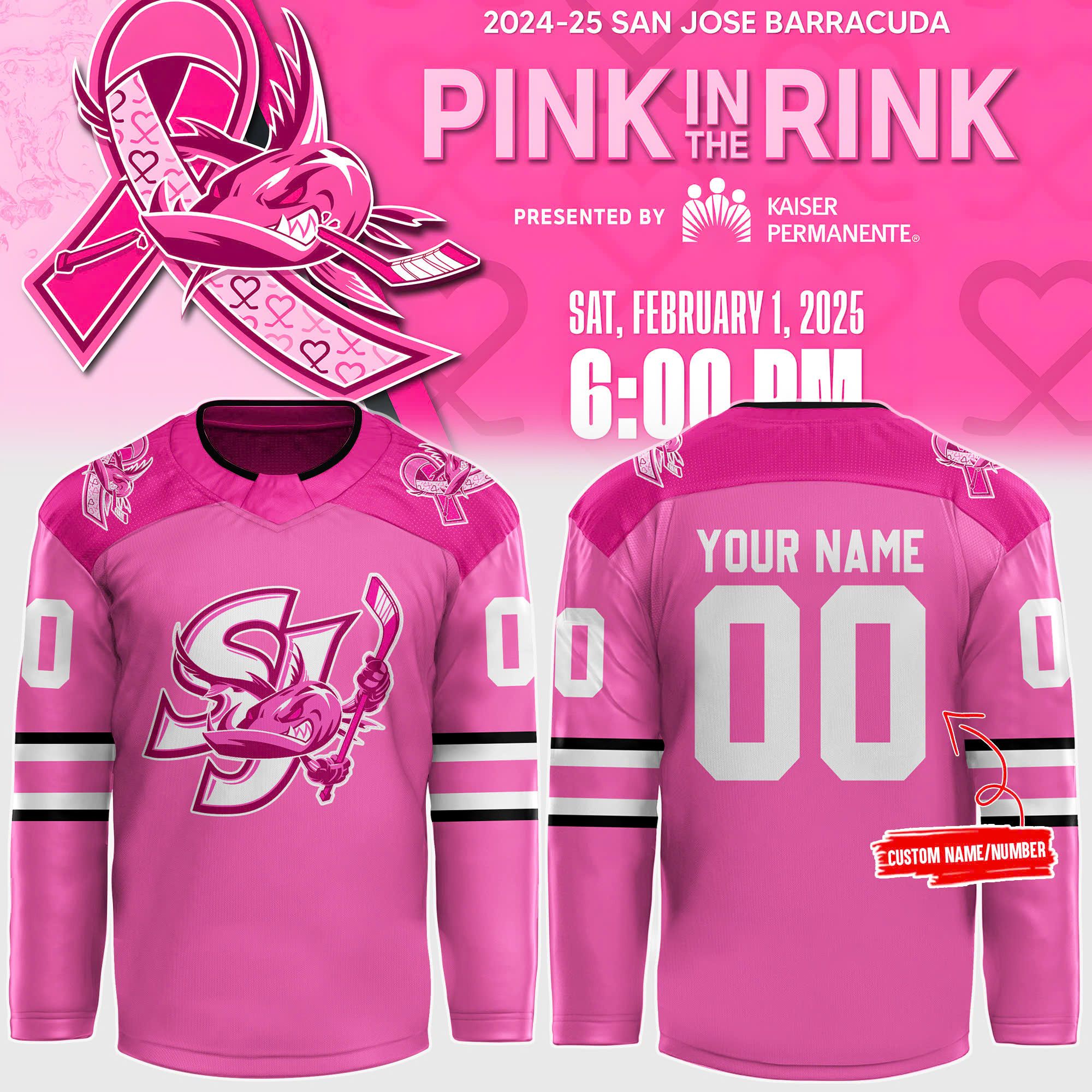 San Jose Barracuda Pink in the Rink 2024 25 Hoodie - Famjoys San Jose Barracuda Pink in the Rink 2024 25 Hoodie - Famjoys