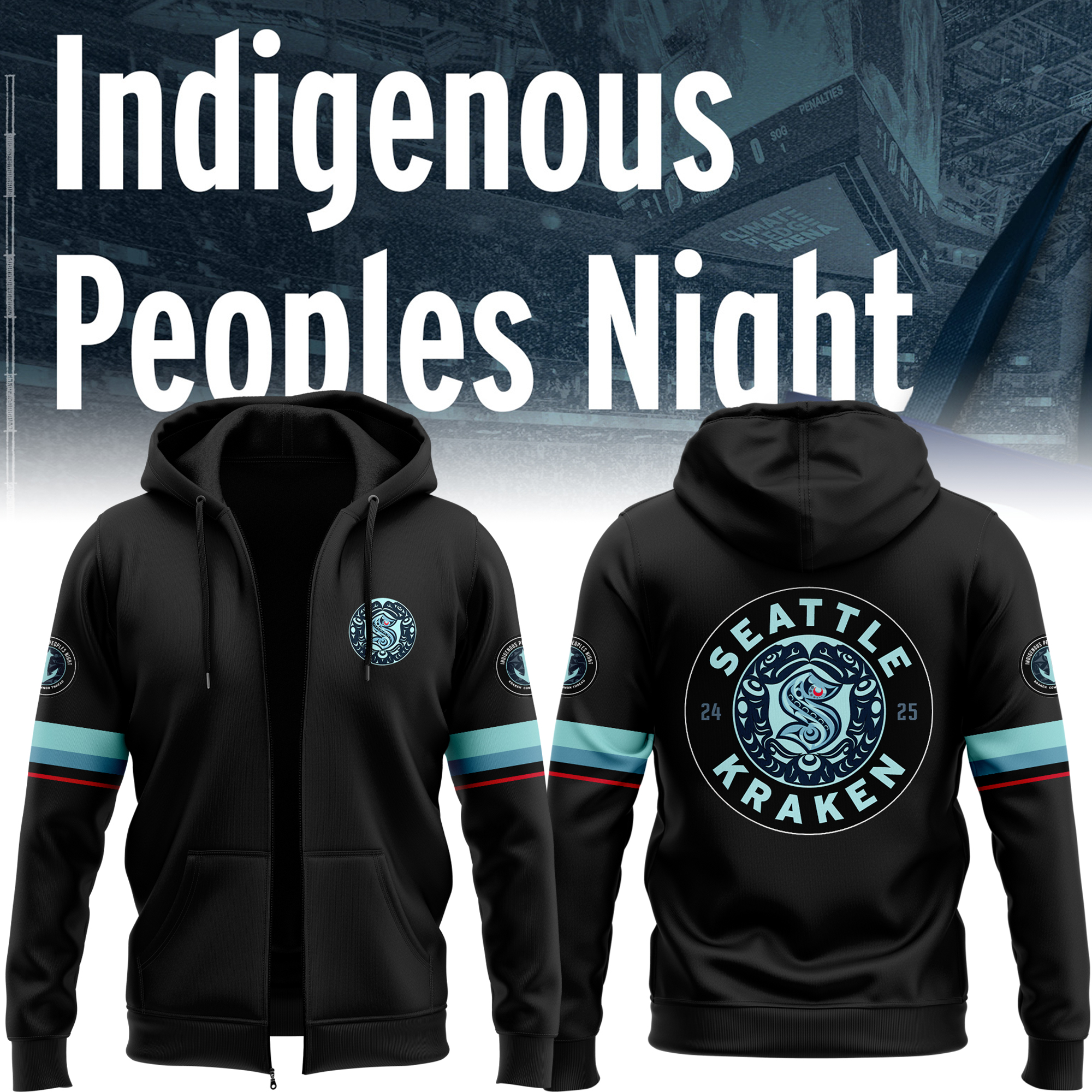 Seattle Kraken Indigenous Peoples Night Black Zip Hoodie - Famjoys Seattle Kraken Indigenous Peoples Night Black Zip Hoodie - Famjoys