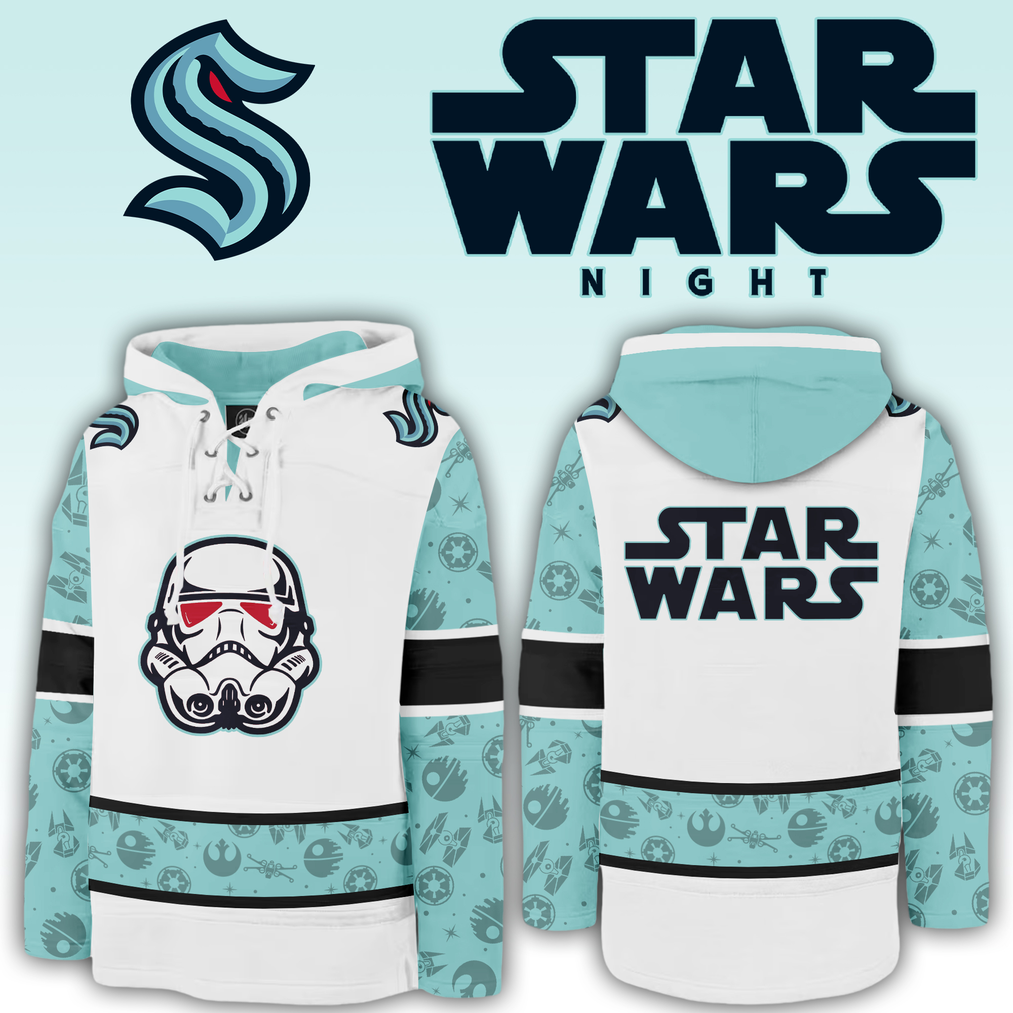 Seattle Kraken x Star Wars Night Lace Up Hoodie - Famjoys Seattle Kraken x Star Wars Night Lace Up Hoodie - Famjoys