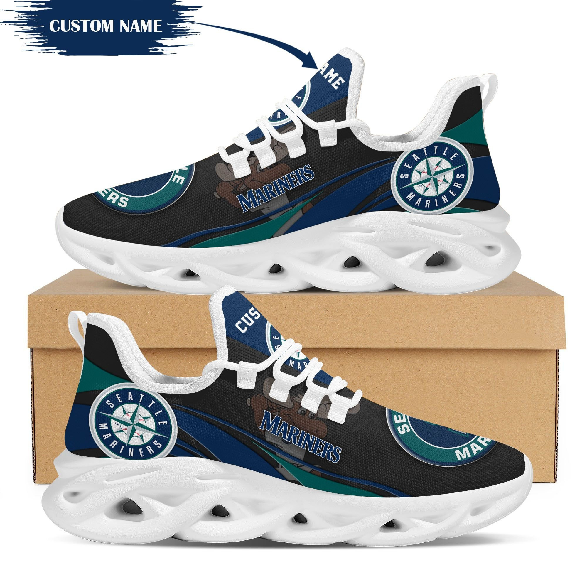 Seattle Mariners Mascot Custom Name Personalized Max Soul Sneakers - Famjoys Seattle Mariners Mascot Custom Name Personalized Max Soul Sneakers - Famjoys