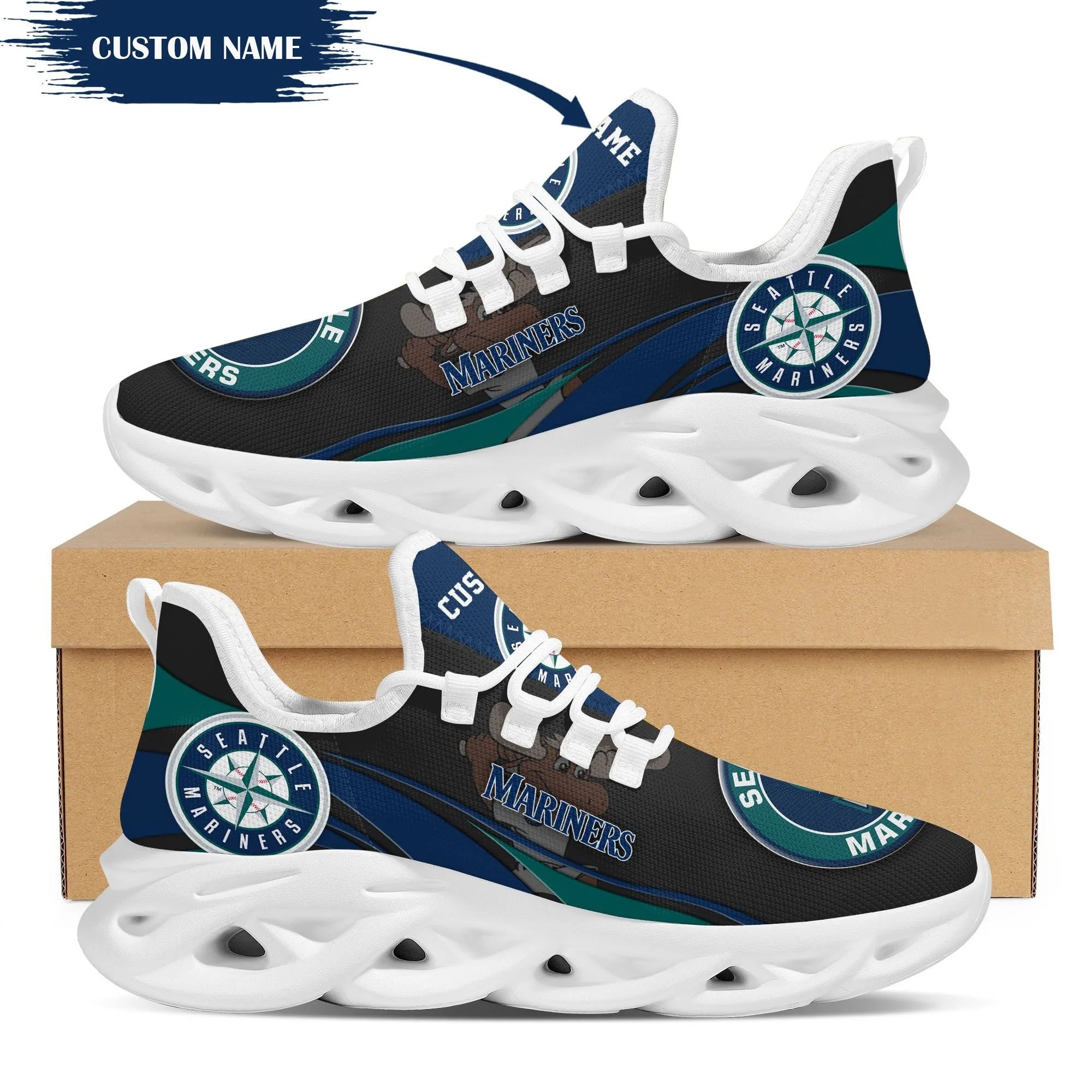 Seattle Mariners Mascot Custom Name Personalized Max Soul Sneakers - Famjoys Seattle Mariners Mascot Custom Name Personalized Max Soul Sneakers - Famjoys