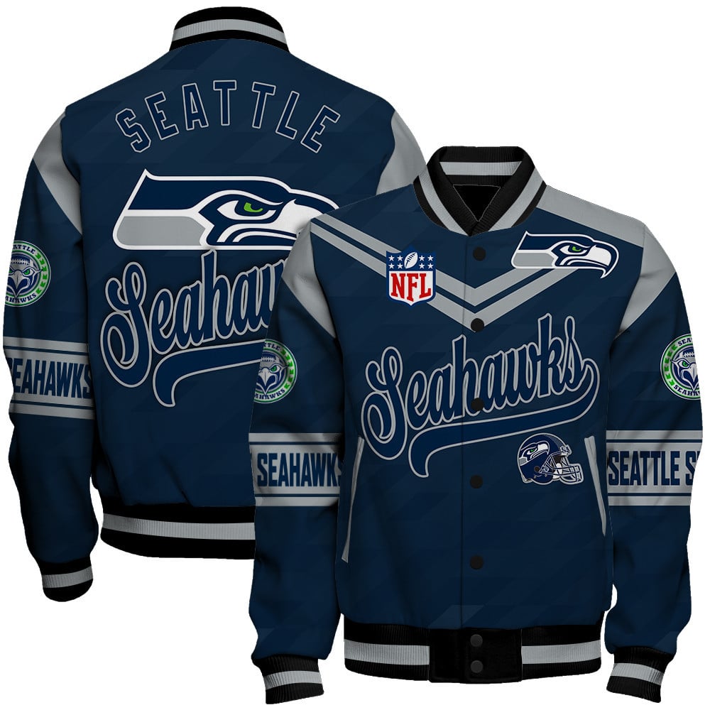 Seattle Seahawks American Football League Pattern Varsity Jacket SH1 V2 - Famjoys Seattle Seahawks American Football League Pattern Varsity Jacket SH1 V2 - Famjoys