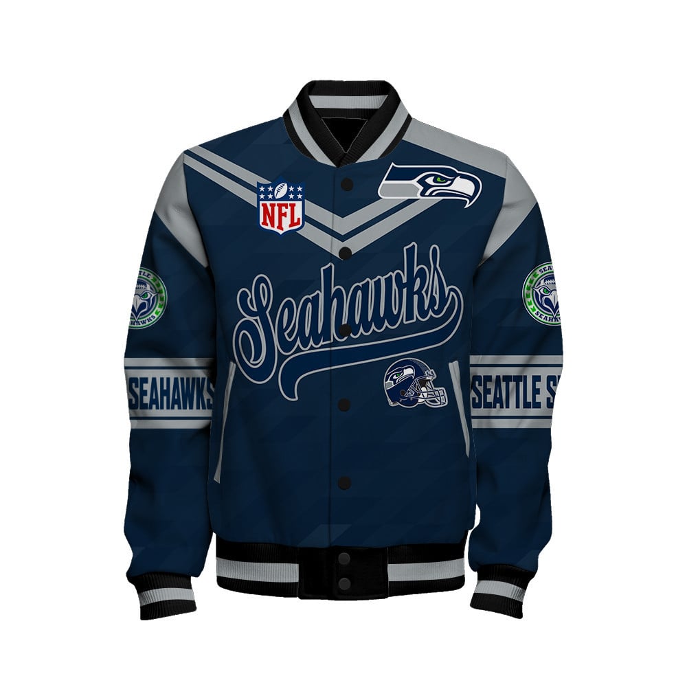 Seattle Seahawks American Football League Pattern Varsity Jacket SH1 V2 - Famjoys Seattle Seahawks American Football League Pattern Varsity Jacket SH1 V2 - Famjoys