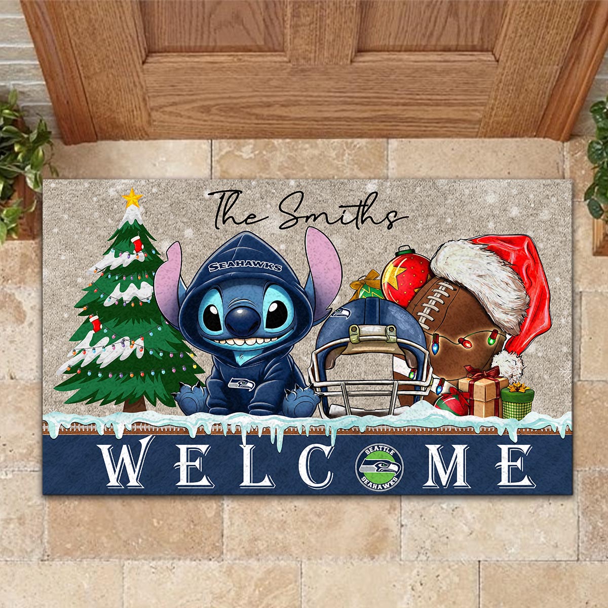 Seattle Seahawks Cute Stitch Christmas Doormat - Famjoys Seattle Seahawks Cute Stitch Christmas Doormat - Famjoys