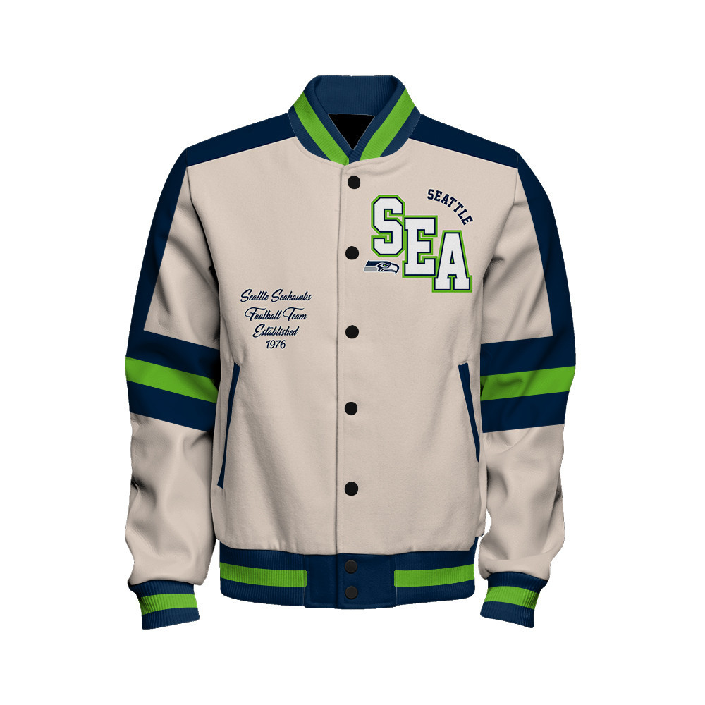 Seattle Seahawks - Feel The Power Unisex Varsity Jacket - Famjoys Seattle Seahawks - Feel The Power Unisex Varsity Jacket - Famjoys