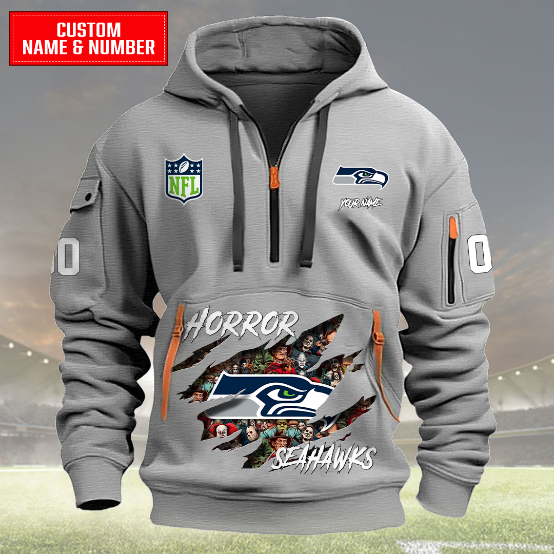 Seattle Seahawks Halloween Horror Collection Personalize Quarter Zip Hoodie AZCAQZH000014 - Famjoys Seattle Seahawks Halloween Horror Collection Personalize Quarter Zip Hoodie AZCAQZH000014 - Famjoys