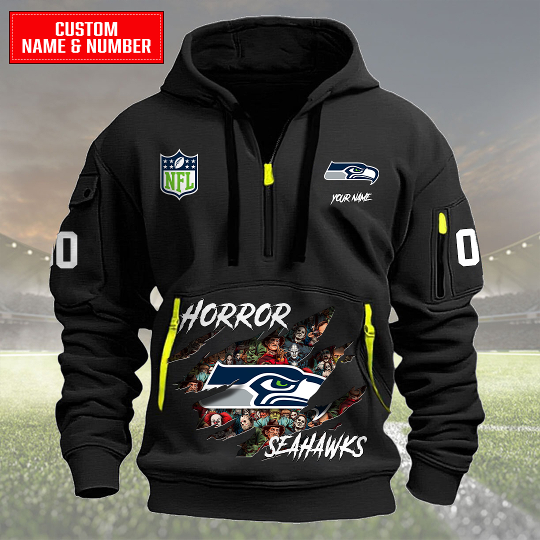 Seattle Seahawks Halloween Horror Collection Personalize Quarter Zip Hoodie AZCAQZH000014 - Famjoys Seattle Seahawks Halloween Horror Collection Personalize Quarter Zip Hoodie AZCAQZH000014 - Famjoys