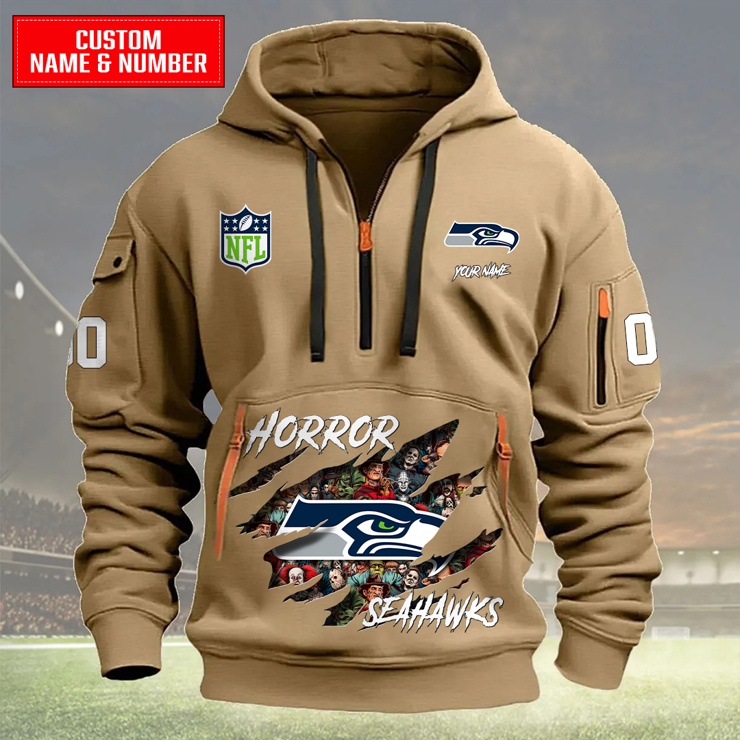 Seattle Seahawks Halloween Horror Collection Personalize Quarter Zip Hoodie AZCAQZH000014 - Famjoys Seattle Seahawks Halloween Horror Collection Personalize Quarter Zip Hoodie AZCAQZH000014 - Famjoys