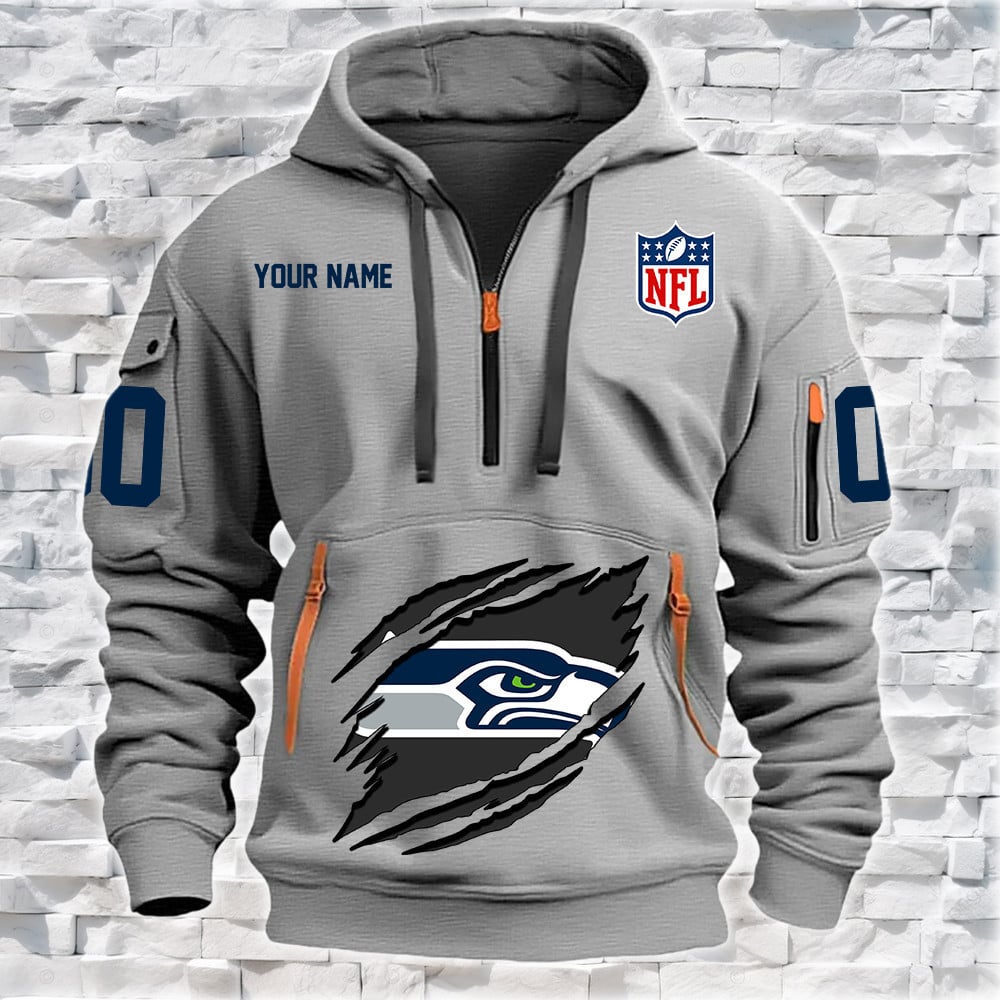 Seattle Seahawks New Personalized Quarter Zip Hoodie NA013 - Famjoys Seattle Seahawks New Personalized Quarter Zip Hoodie NA013 - Famjoys
