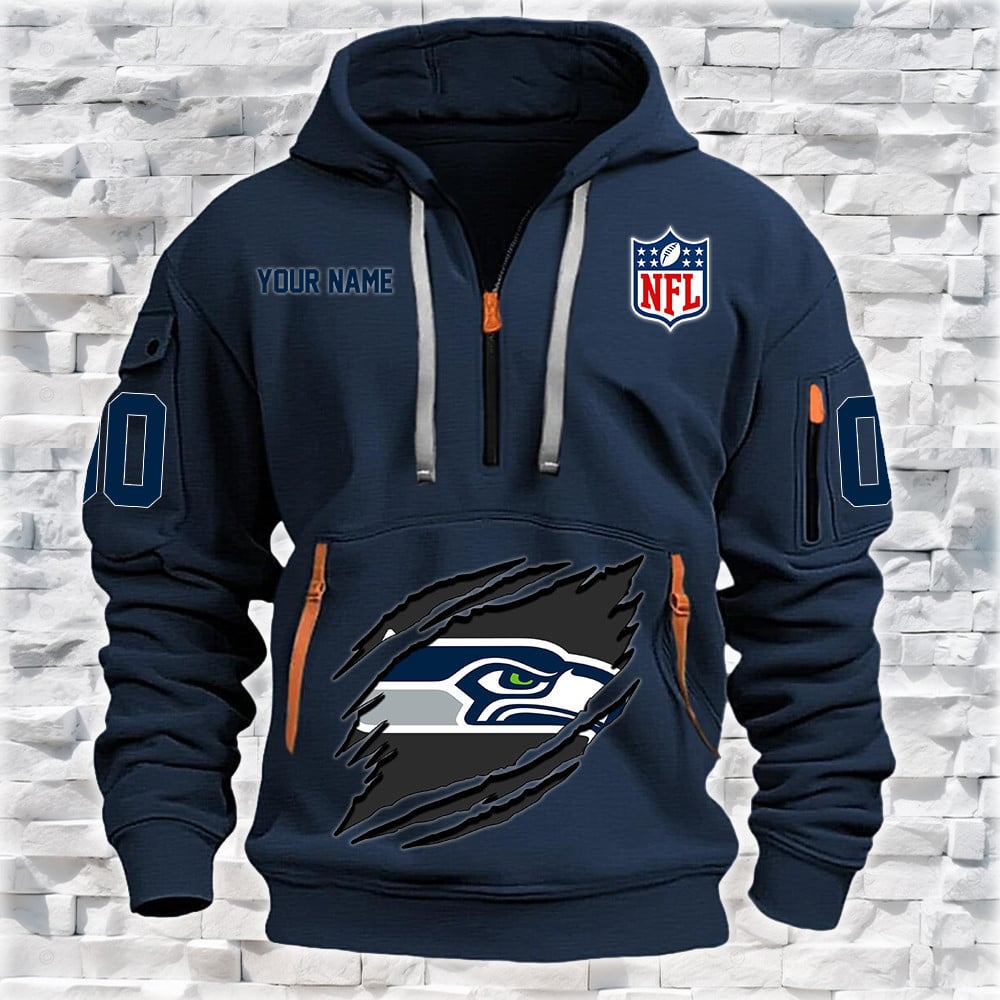 Seattle Seahawks New Personalized Quarter Zip Hoodie NA013 - Famjoys Seattle Seahawks New Personalized Quarter Zip Hoodie NA013 - Famjoys