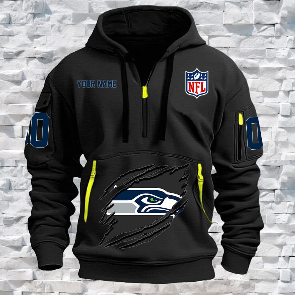 Seattle Seahawks New Personalized Quarter Zip Hoodie NA013 - Famjoys Seattle Seahawks New Personalized Quarter Zip Hoodie NA013 - Famjoys