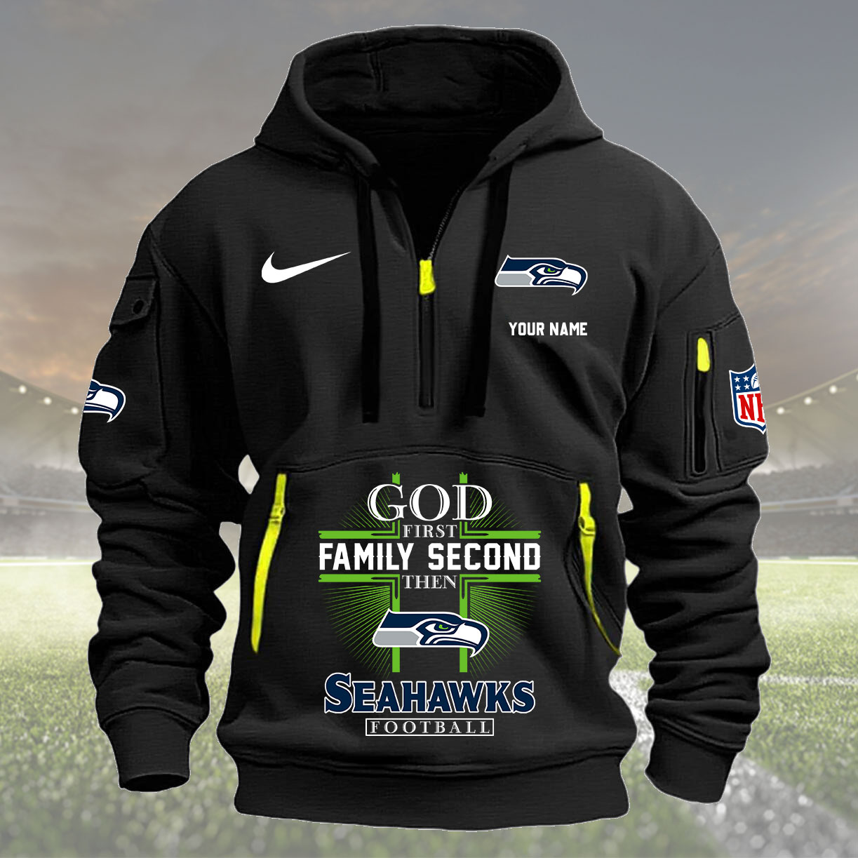 Seattle Seahawks Personalized Quarter Zip Hoodie New Collection AZBTQZH000269 - Famjoys Seattle Seahawks Personalized Quarter Zip Hoodie New Collection AZBTQZH000269 - Famjoys