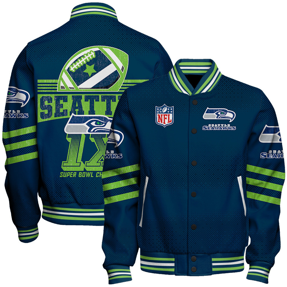 Seattle Seahawks Proud Of Every Championship Win Unisex Varsity Jacket - Famjoys Seattle Seahawks Proud Of Every Championship Win Unisex Varsity Jacket - Famjoys