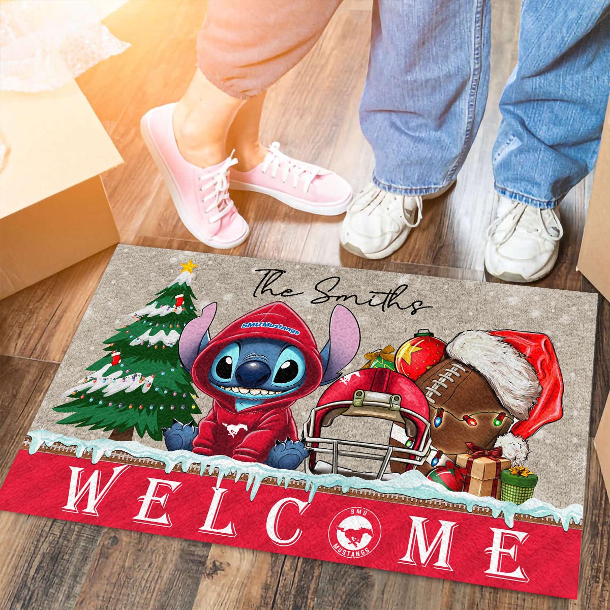 SMU Mustangs Cute Stitch Christmas Doormat - Famjoys SMU Mustangs Cute Stitch Christmas Doormat - Famjoys