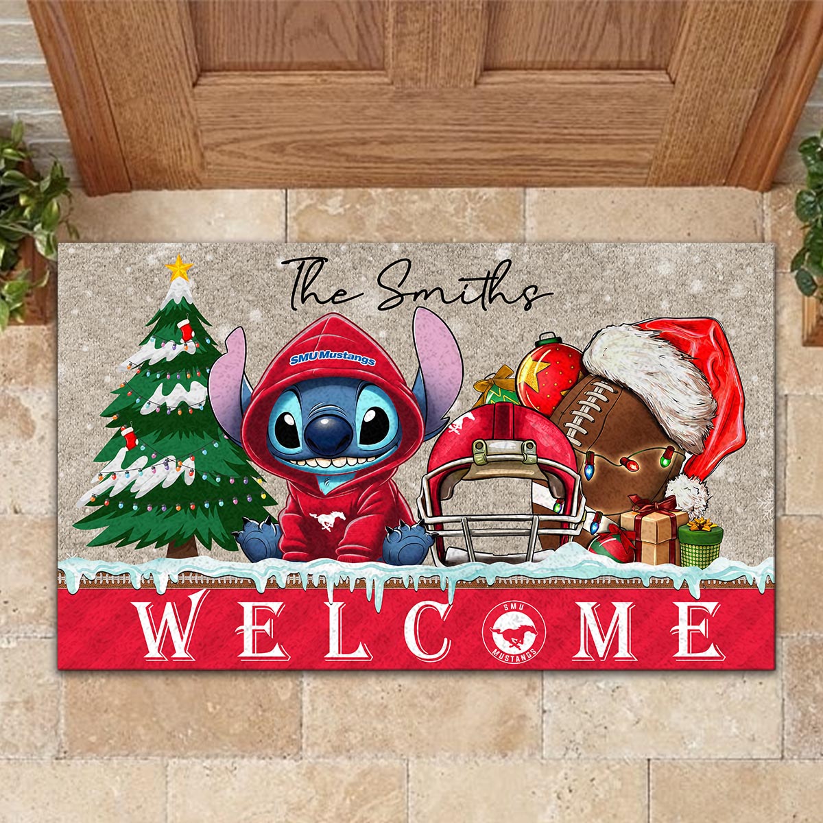SMU Mustangs Cute Stitch Christmas Doormat - Famjoys SMU Mustangs Cute Stitch Christmas Doormat - Famjoys