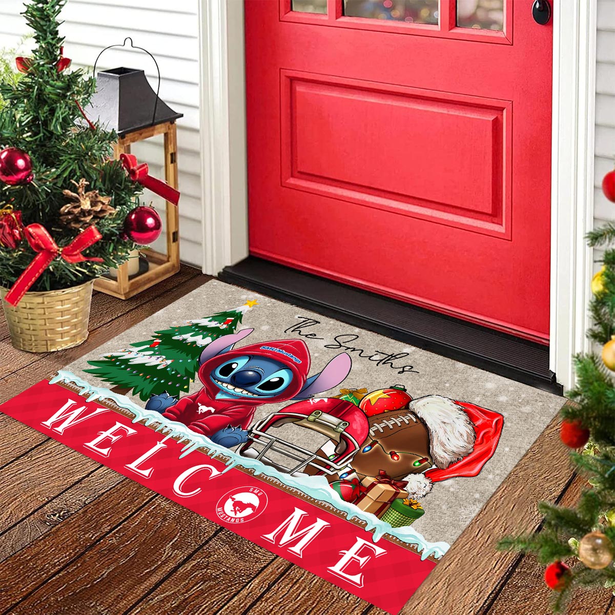 SMU Mustangs Cute Stitch Christmas Doormat - Famjoys SMU Mustangs Cute Stitch Christmas Doormat - Famjoys