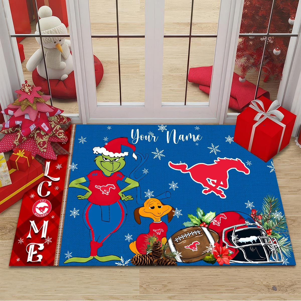 SMU Mustangs Grinch Christmas Welcome Football Doormat - Famjoys SMU Mustangs Grinch Christmas Welcome Football Doormat - Famjoys