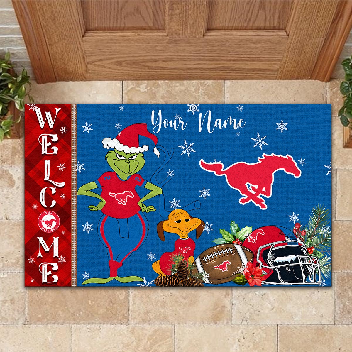 SMU Mustangs Grinch Christmas Welcome Football Doormat - Famjoys SMU Mustangs Grinch Christmas Welcome Football Doormat - Famjoys