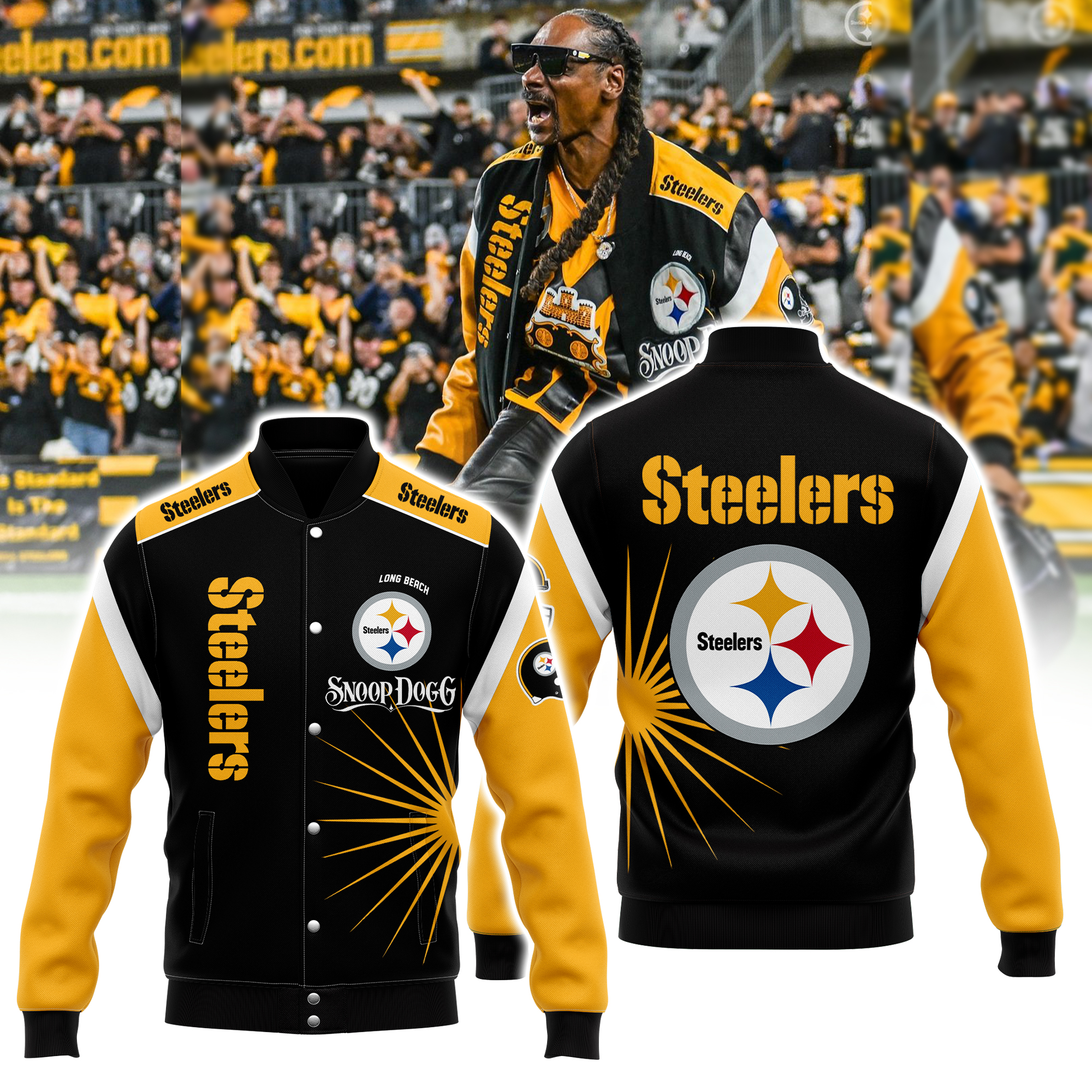 Snoop Dogg x Pittsburgh Steelers Baseball Jacket / Bomber Jacket - Famjoys Snoop Dogg x Pittsburgh Steelers Baseball Jacket / Bomber Jacket - Famjoys
