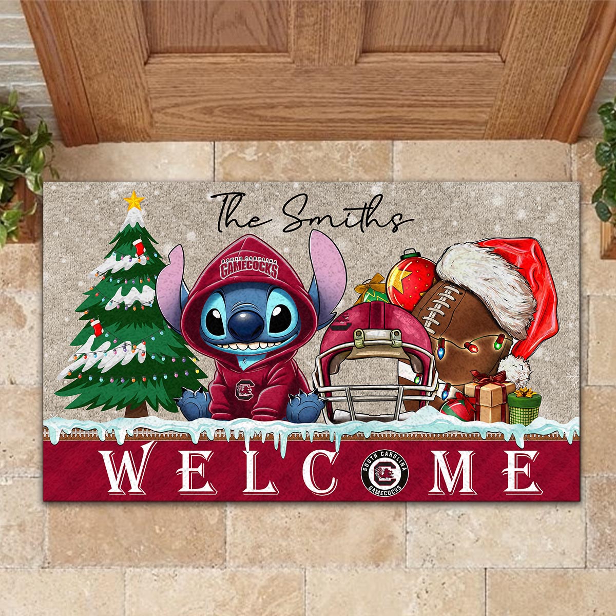 South Carolina Gamecocks Cute Stitch Christmas Doormat - Famjoys South Carolina Gamecocks Cute Stitch Christmas Doormat - Famjoys