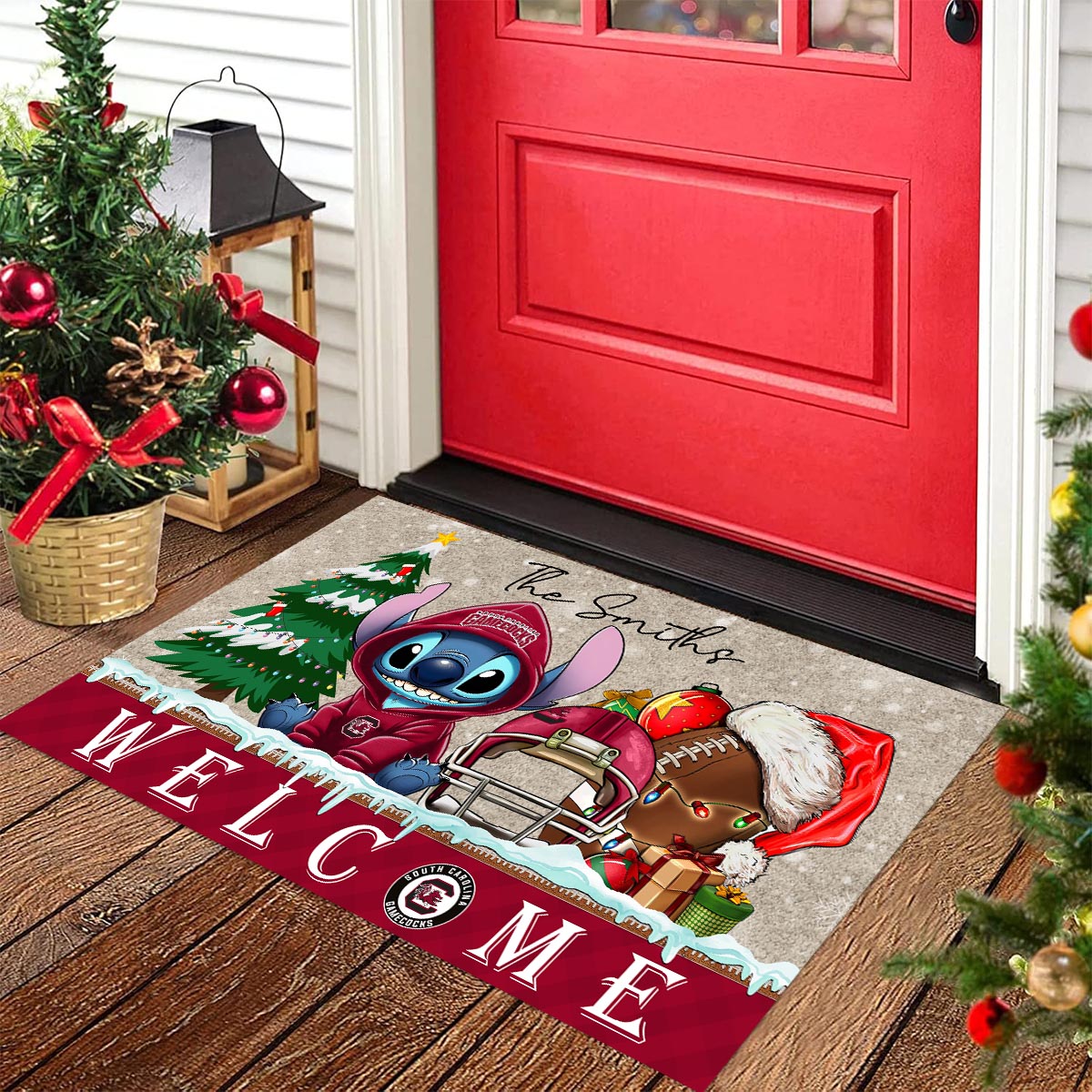 South Carolina Gamecocks Cute Stitch Christmas Doormat - Famjoys South Carolina Gamecocks Cute Stitch Christmas Doormat - Famjoys