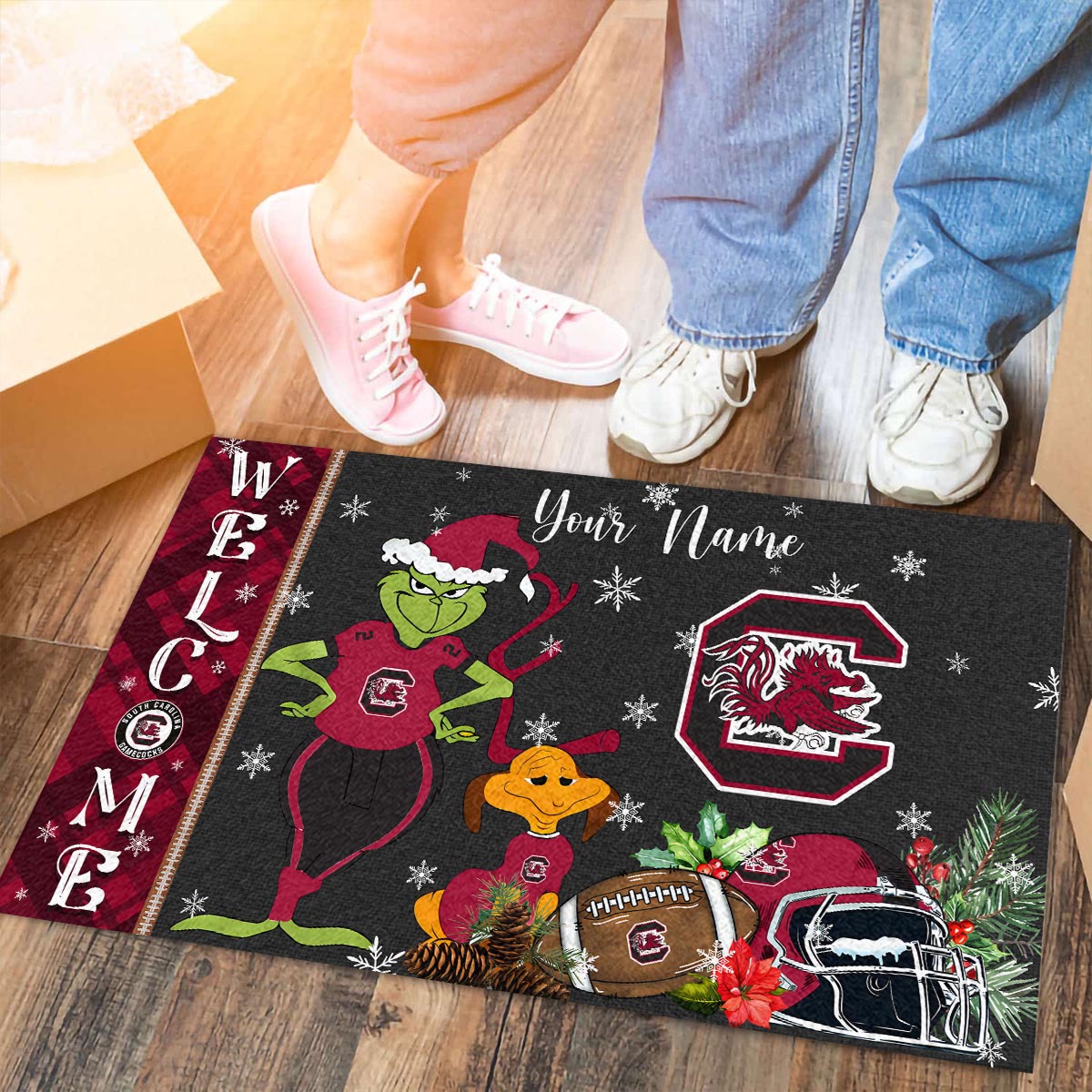 South Carolina Gamecocks Grinch Christmas Welcome Football Doormat - Famjoys South Carolina Gamecocks Grinch Christmas Welcome Football Doormat - Famjoys