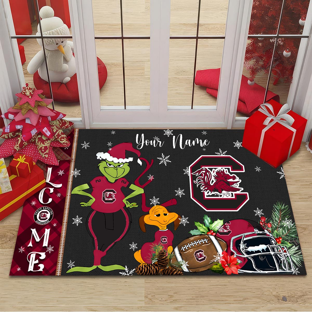 South Carolina Gamecocks Grinch Christmas Welcome Football Doormat - Famjoys South Carolina Gamecocks Grinch Christmas Welcome Football Doormat - Famjoys