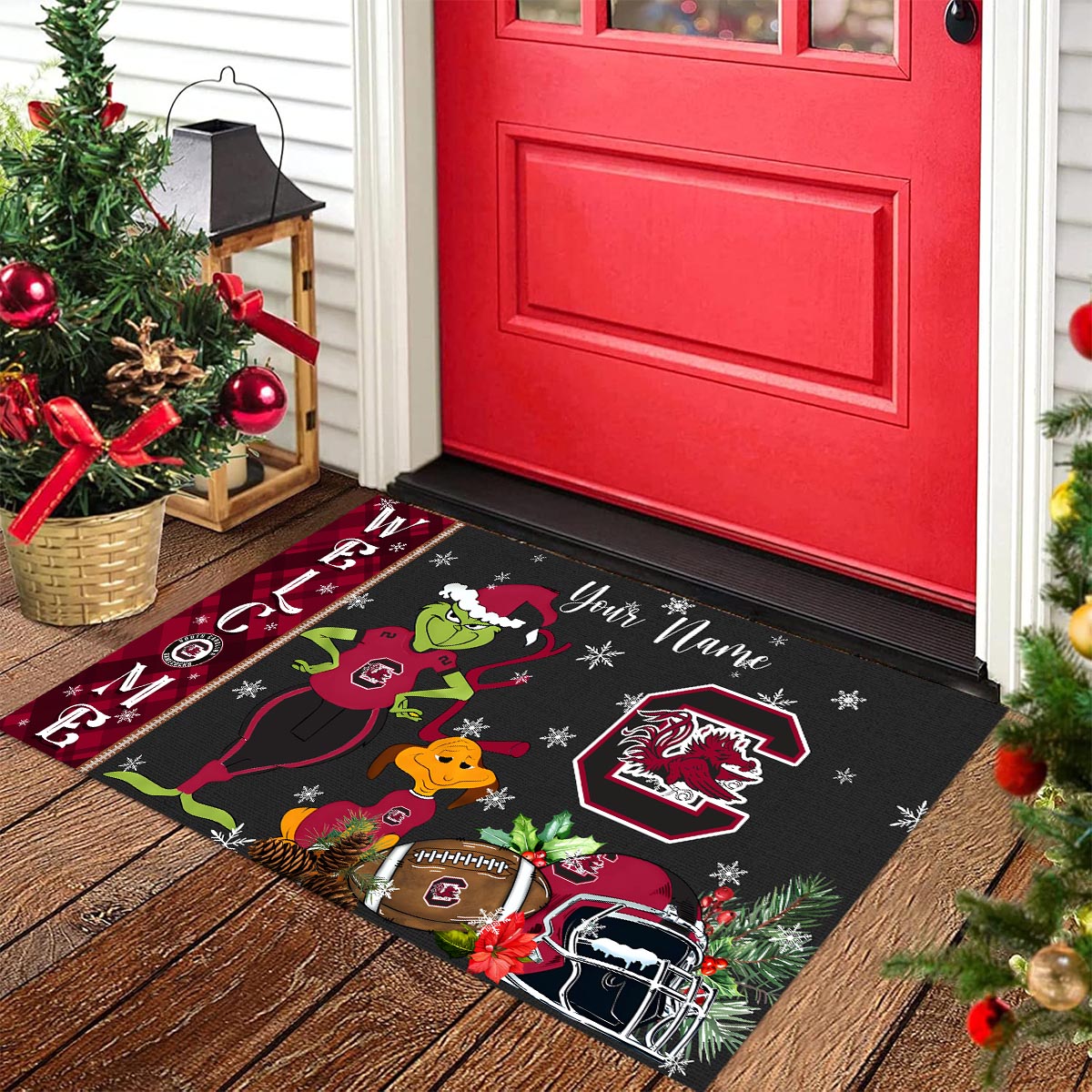 South Carolina Gamecocks Grinch Christmas Welcome Football Doormat - Famjoys South Carolina Gamecocks Grinch Christmas Welcome Football Doormat - Famjoys