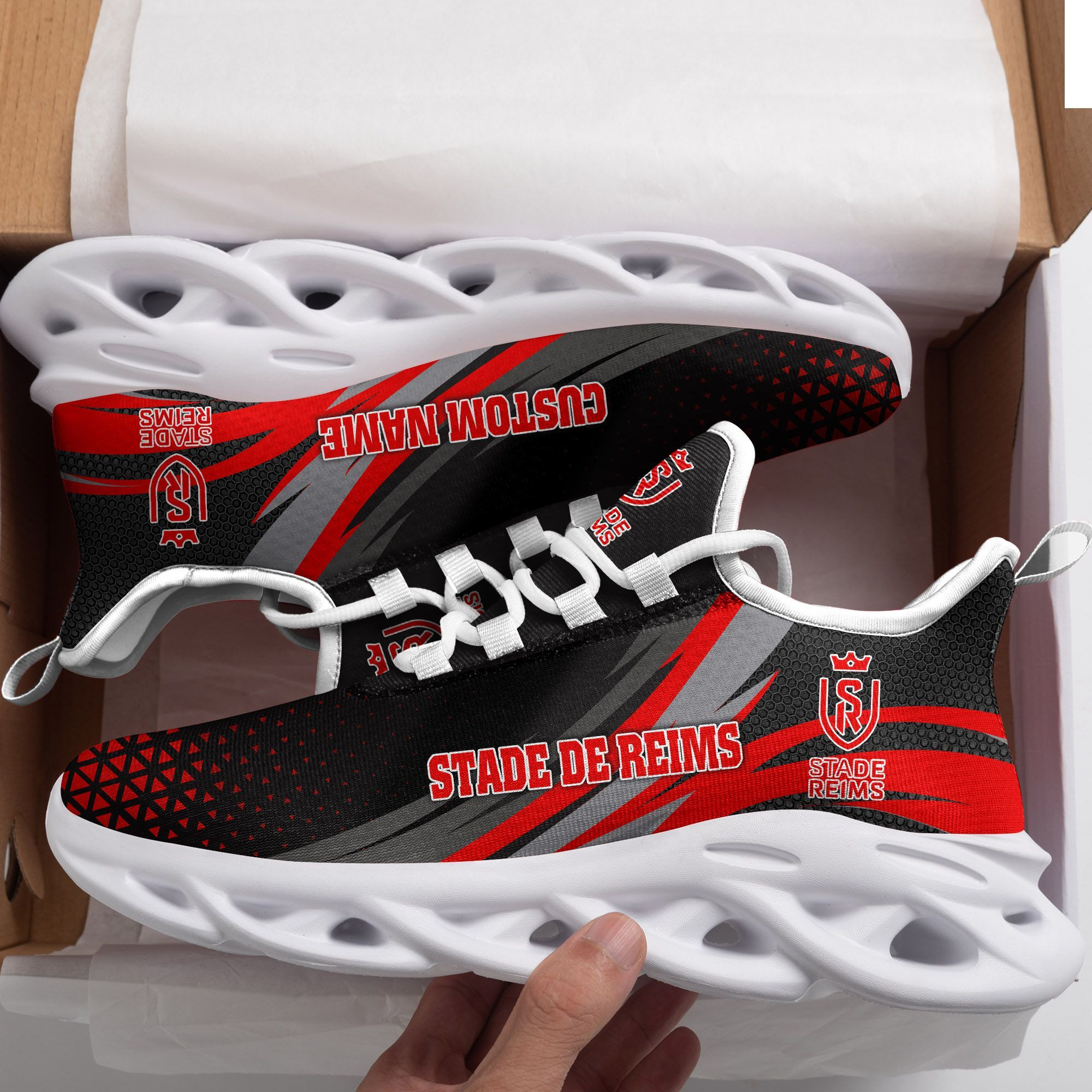 Stade de Reims Triangle Custom Personalized Max Soul Sneakers Shoes - Famjoys Stade de Reims Triangle Custom Personalized Max Soul Sneakers Shoes - Famjoys