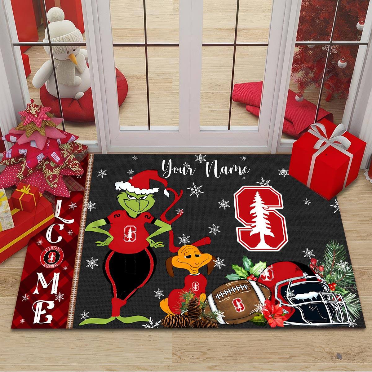 StanFord Cardinal Grinch Christmas Welcome Football Doormat - Famjoys StanFord Cardinal Grinch Christmas Welcome Football Doormat - Famjoys