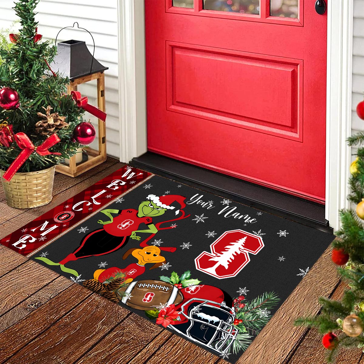 StanFord Cardinal Grinch Christmas Welcome Football Doormat - Famjoys StanFord Cardinal Grinch Christmas Welcome Football Doormat - Famjoys