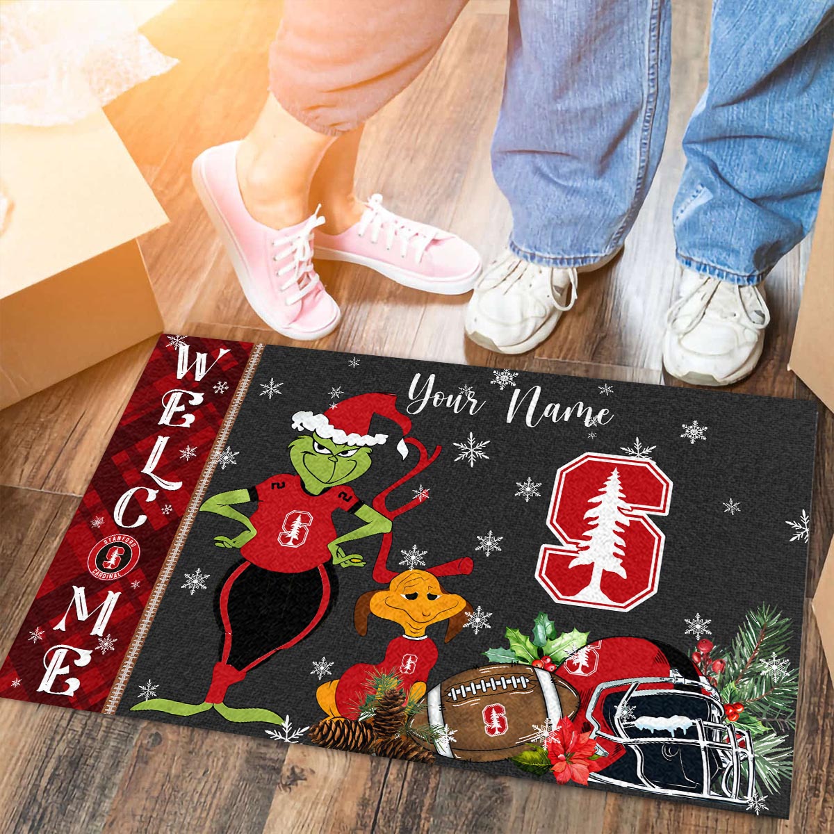 StanFord Cardinal Grinch Christmas Welcome Football Doormat - Famjoys StanFord Cardinal Grinch Christmas Welcome Football Doormat - Famjoys