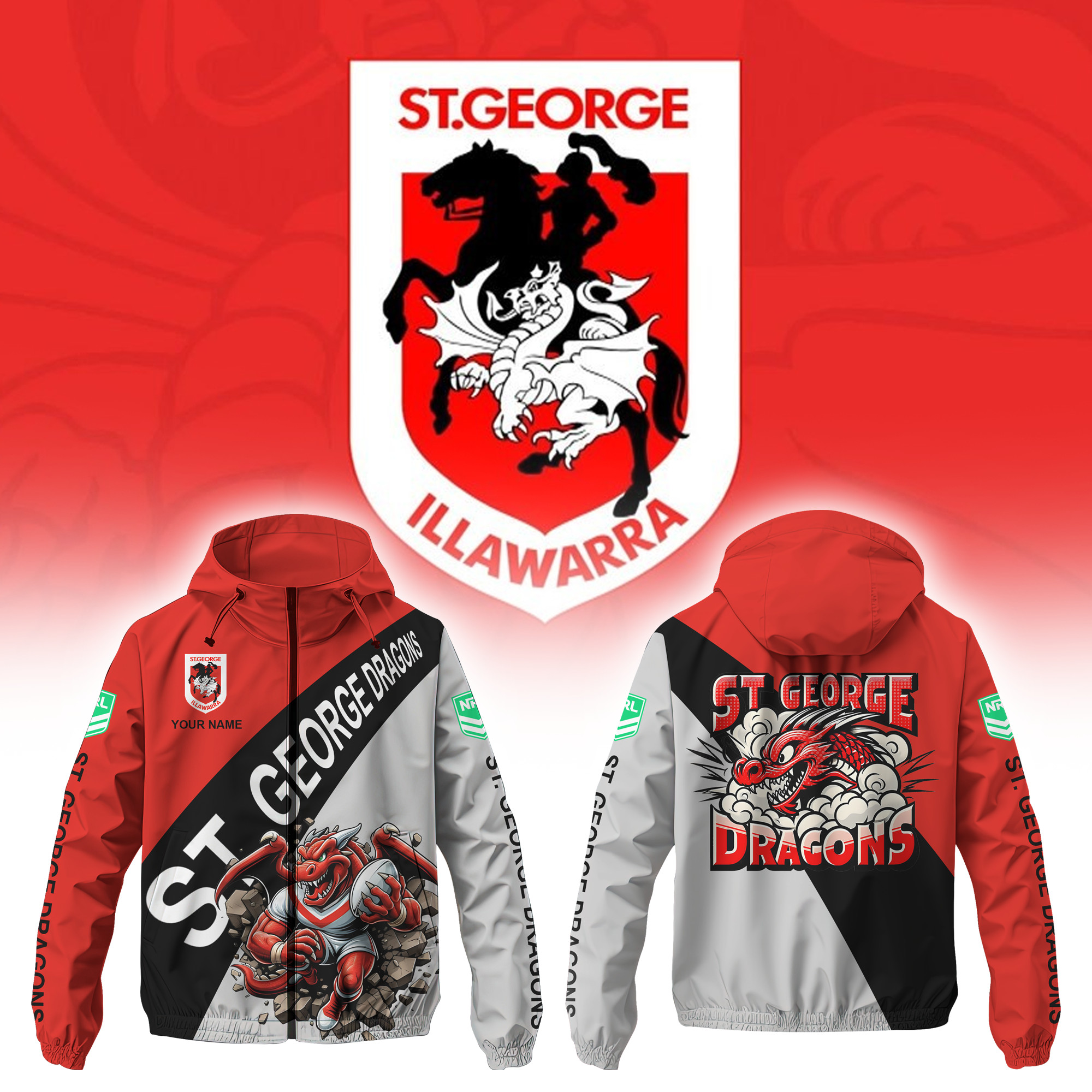 StGeorge Illawarra Dragons Personalized Hooded Wind Jacket – Edition - Famjoys StGeorge Illawarra Dragons Personalized Hooded Wind Jacket – Edition - Famjoys