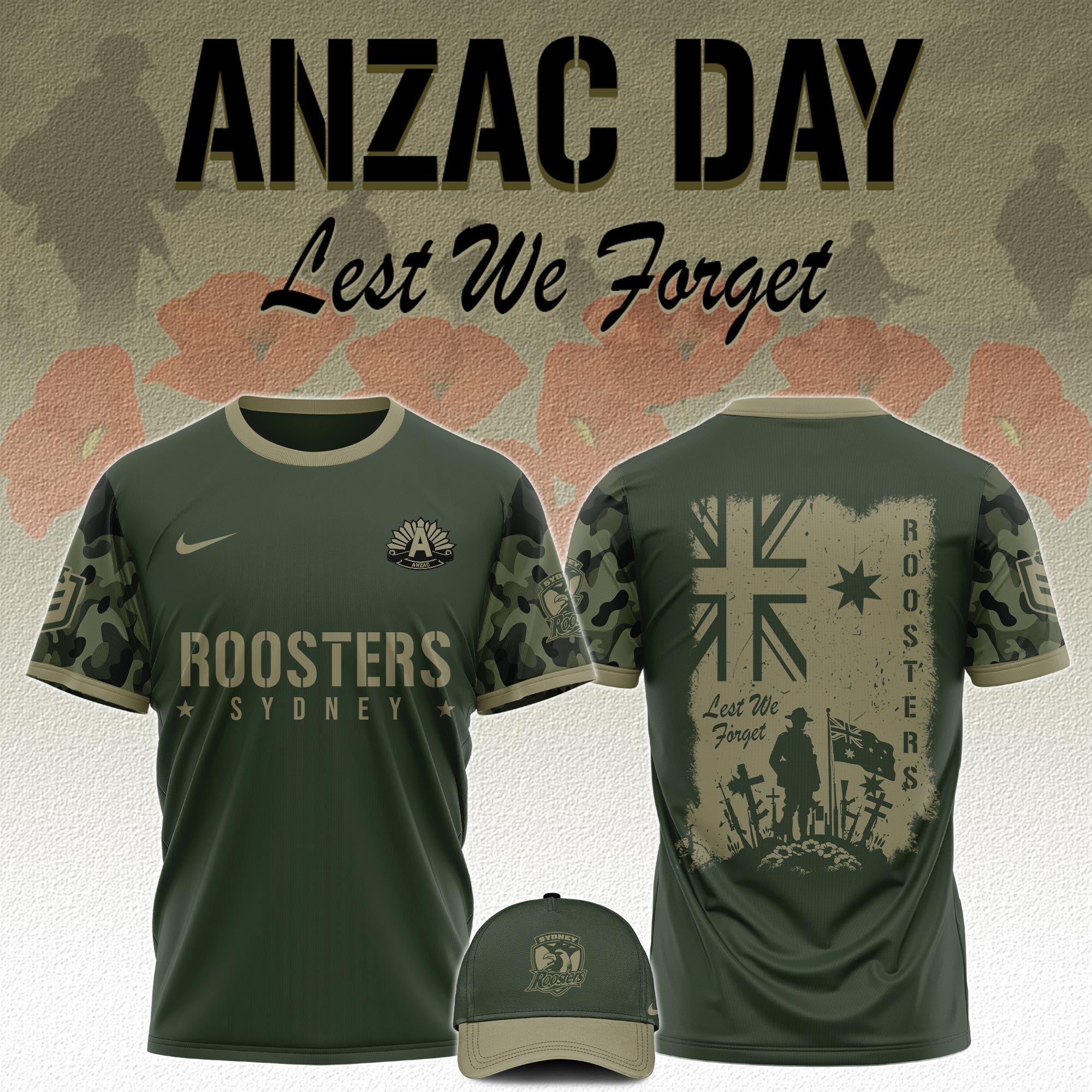 Sydney Roosters   x Anzac Day   Tshirt 2025