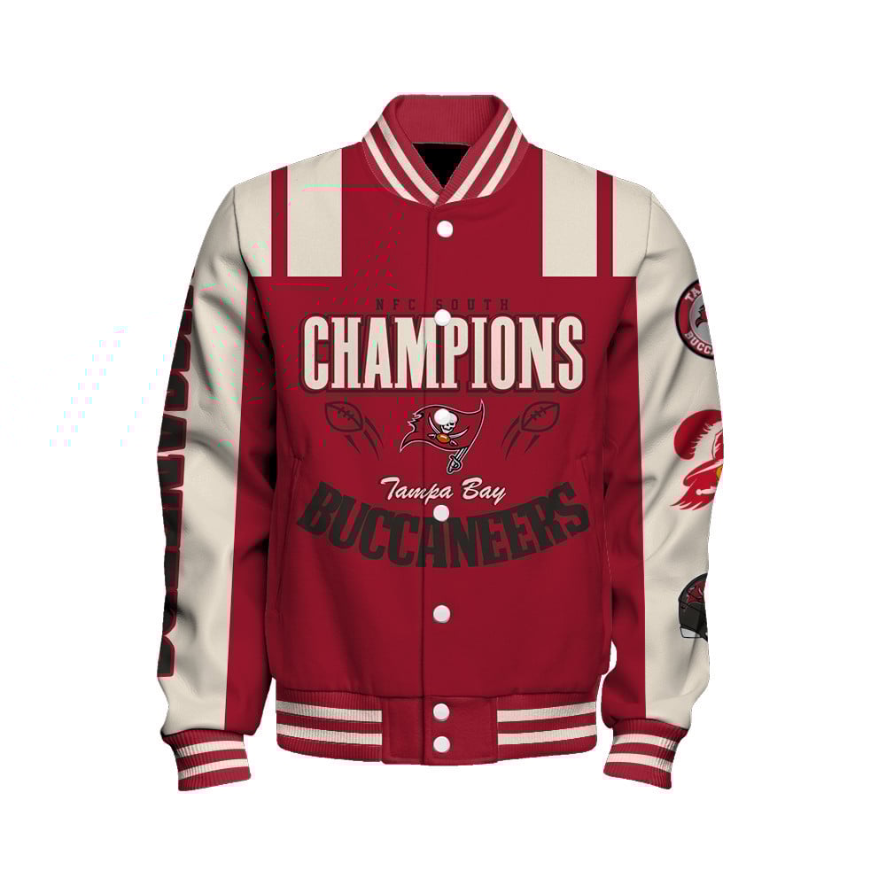 Tampa Bay Buccaneers NFC South Champions We're On Fire Varsity Jacket - Famjoys Tampa Bay Buccaneers NFC South Champions We're On Fire Varsity Jacket - Famjoys