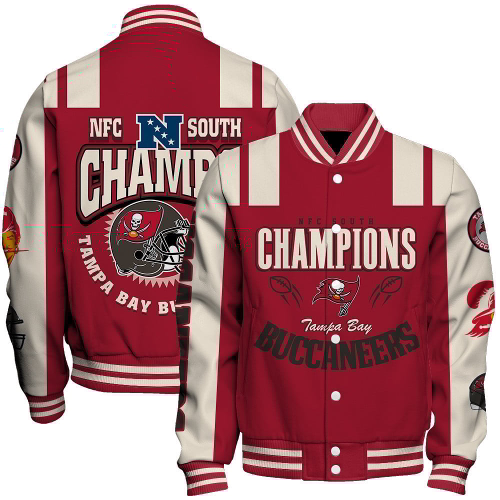 Tampa Bay Buccaneers NFC South Champions We're On Fire Varsity Jacket - Famjoys Tampa Bay Buccaneers NFC South Champions We're On Fire Varsity Jacket - Famjoys