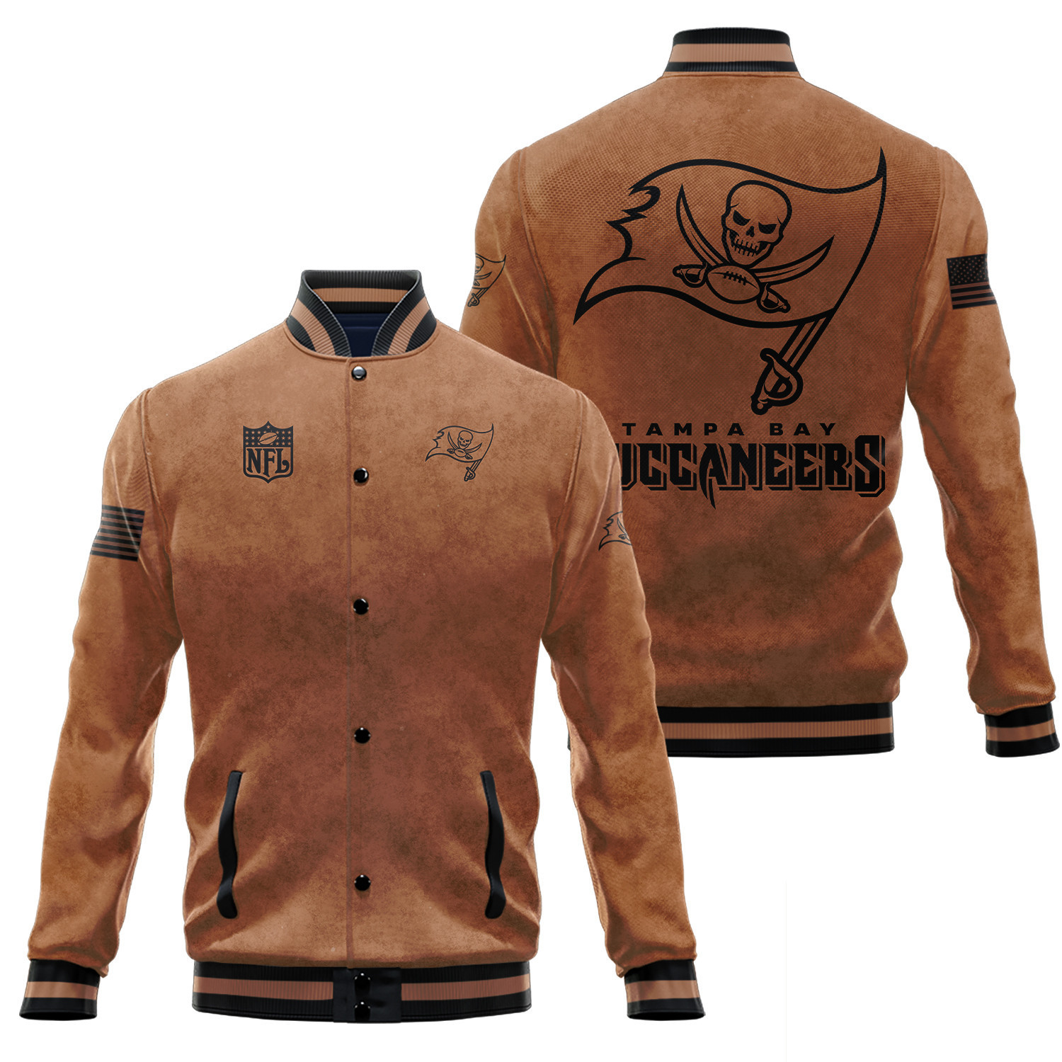 Tampa Bay Buccaneers Salute To Service Club Baseball Jacket Varsity Jacket - Brown - Famjoys Tampa Bay Buccaneers Salute To Service Club Baseball Jacket Varsity Jacket - Brown - Famjoys