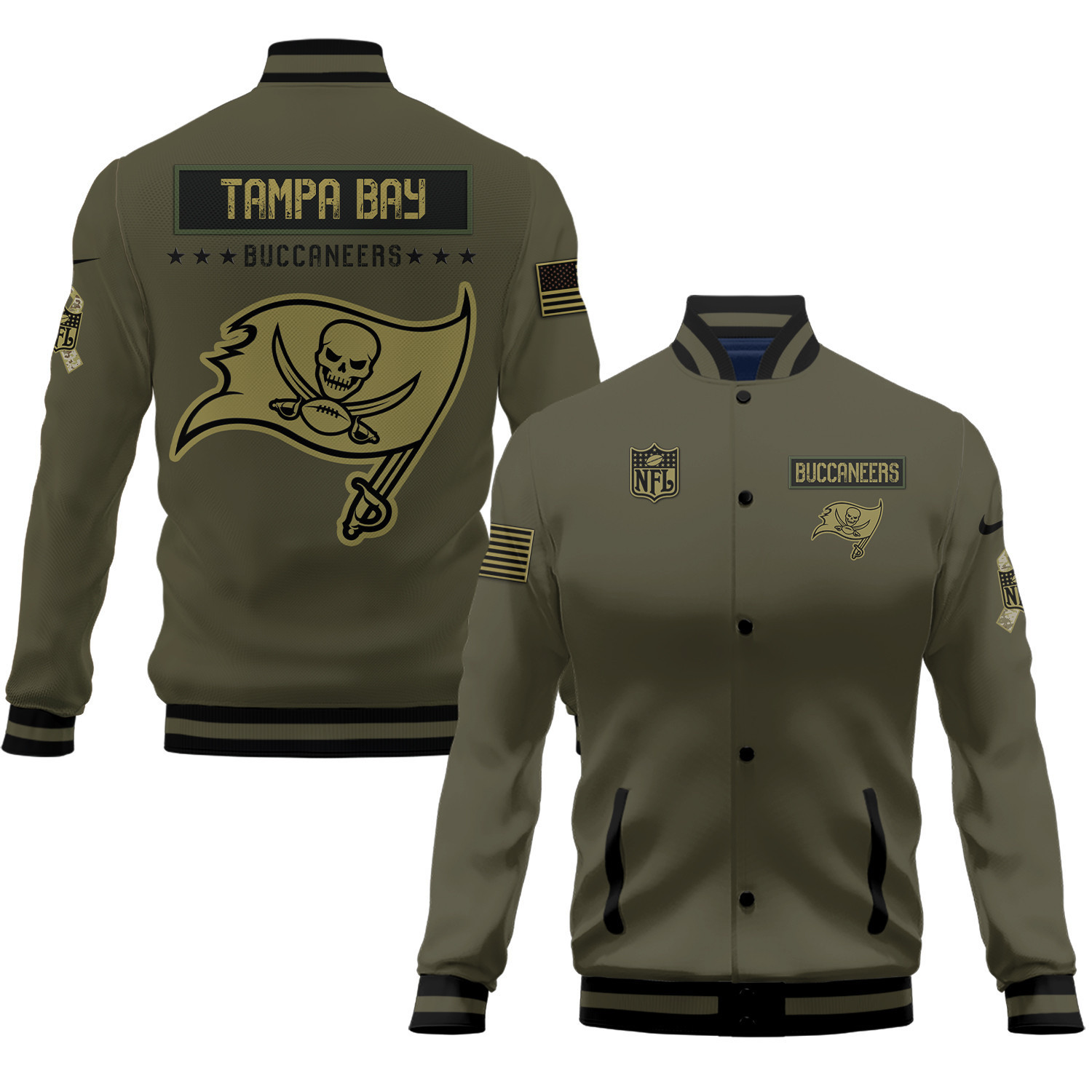 Tampa Bay Buccaneers Salute To Service Club Baseball Jacket Varsity Jacket - Green - Famjoys Tampa Bay Buccaneers Salute To Service Club Baseball Jacket Varsity Jacket - Green - Famjoys