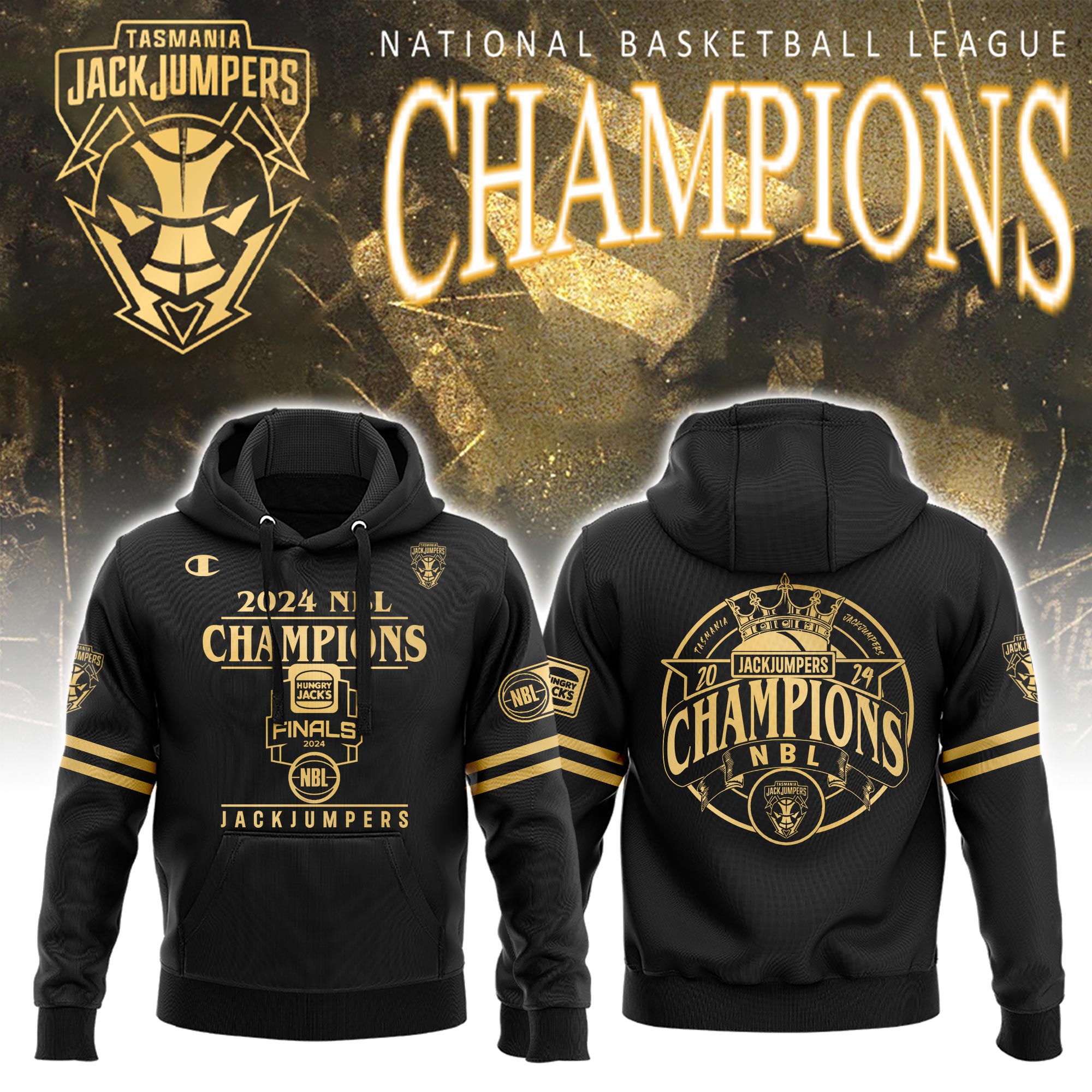 Tasmania JackJumpers NBL Champions Golden Hoodie - Famjoys Tasmania JackJumpers NBL Champions Golden Hoodie - Famjoys