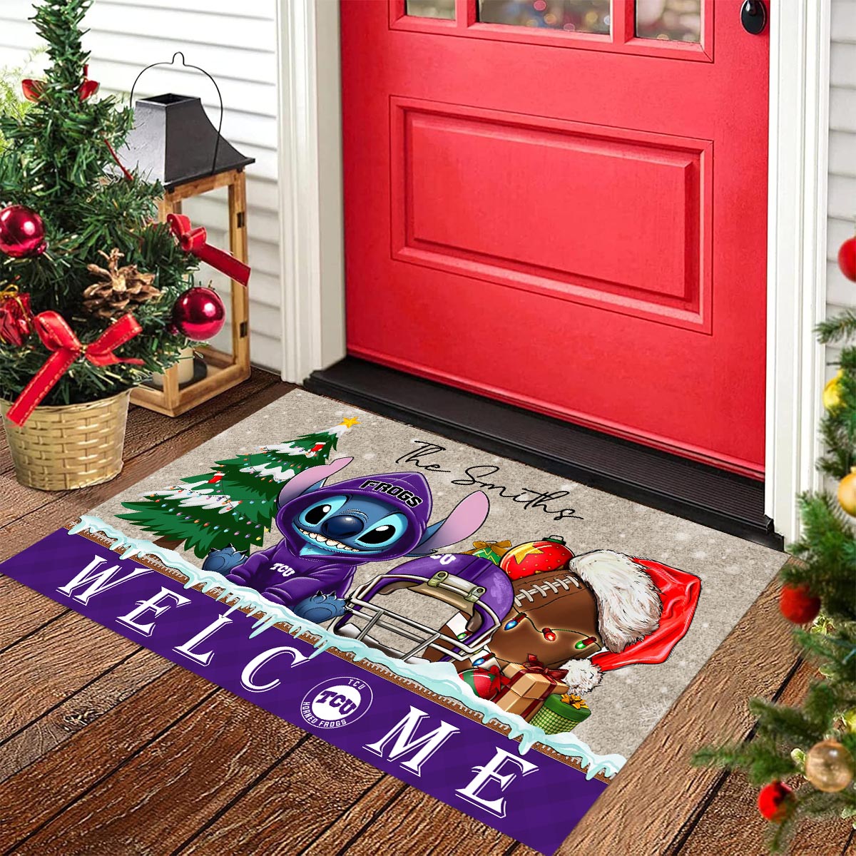 TCU Horned Frogs Cute Stitch Christmas Doormat - Famjoys TCU Horned Frogs Cute Stitch Christmas Doormat - Famjoys
