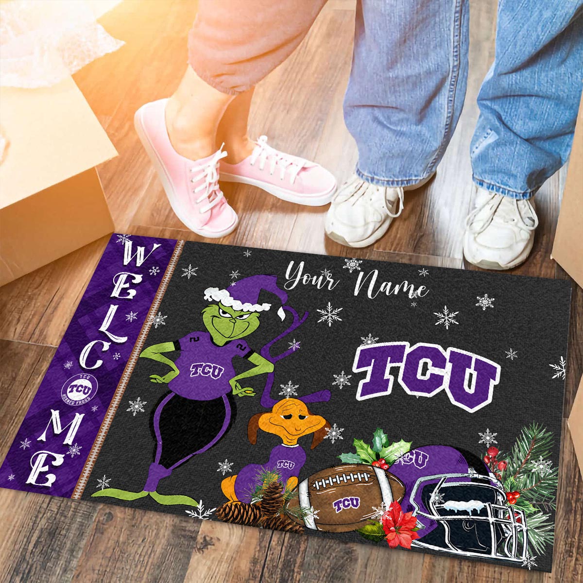 TCU Horned Frogs Grinch Christmas Welcome Football Doormat - Famjoys TCU Horned Frogs Grinch Christmas Welcome Football Doormat - Famjoys